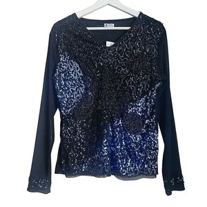 NWT Melanie Lyne Textured Sequins Chiffon Long Sleeve Top  in Black Size…
